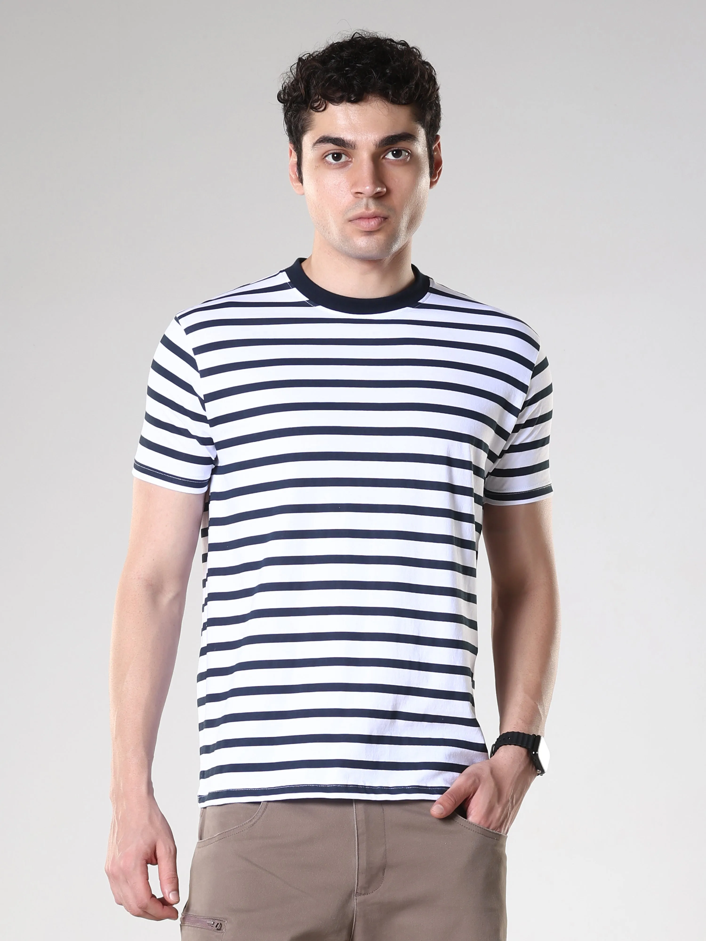 Sage - Striped Polo T-Shirt - Rhino Blue