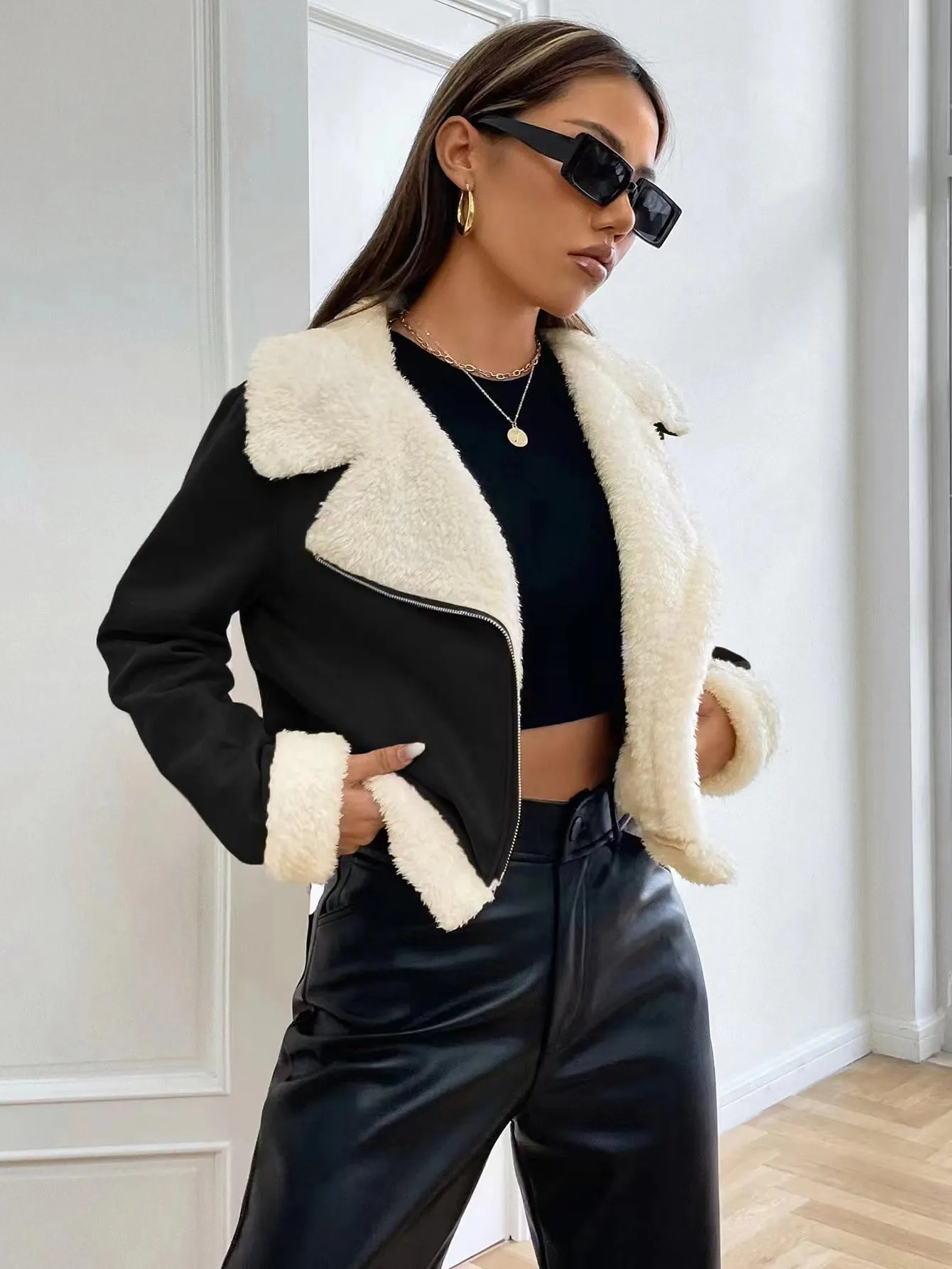 SHEIN EZwear Teddy Lined Open Front Suedette Moto Jacket