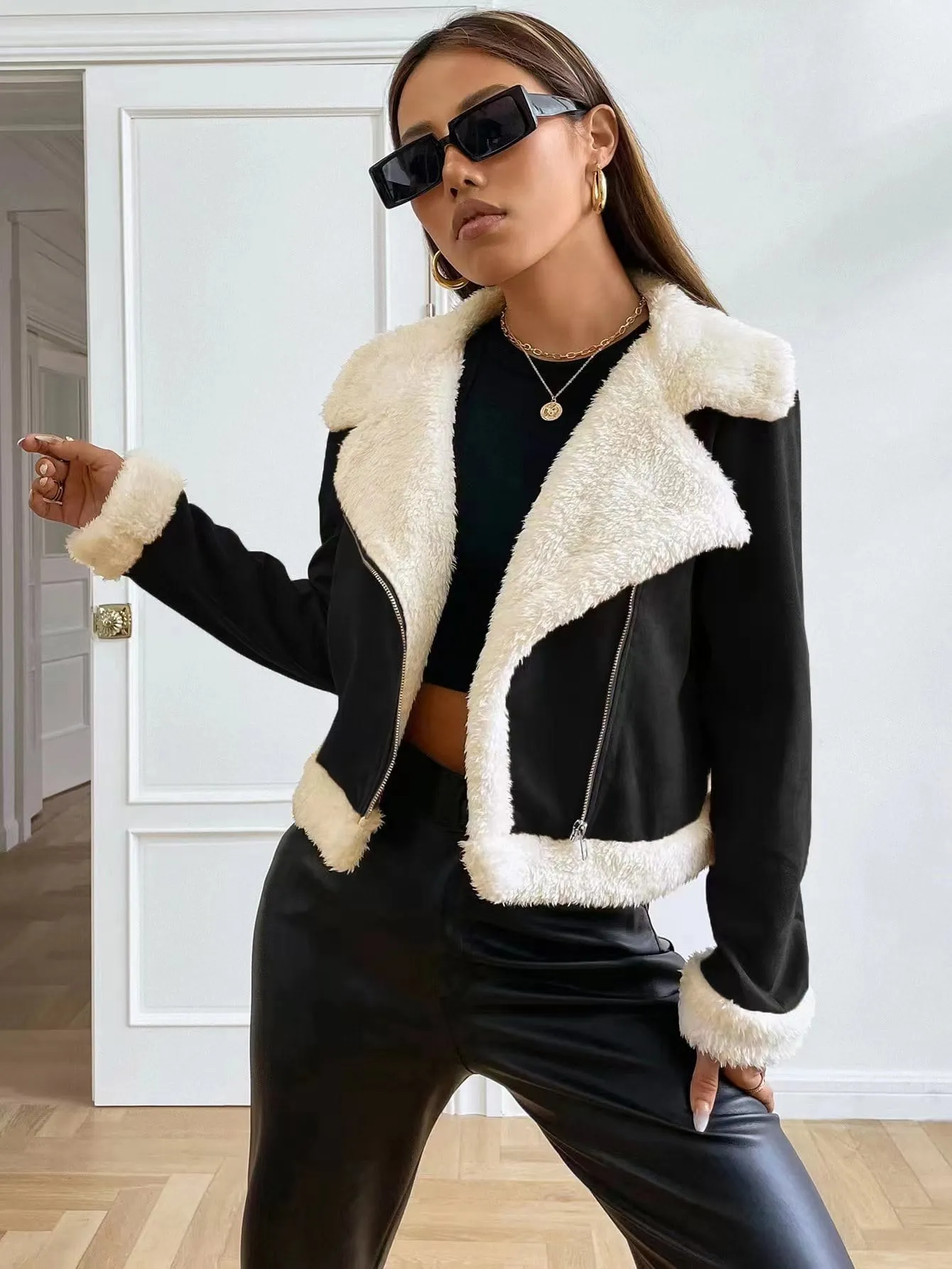 SHEIN EZwear Teddy Lined Open Front Suedette Moto Jacket