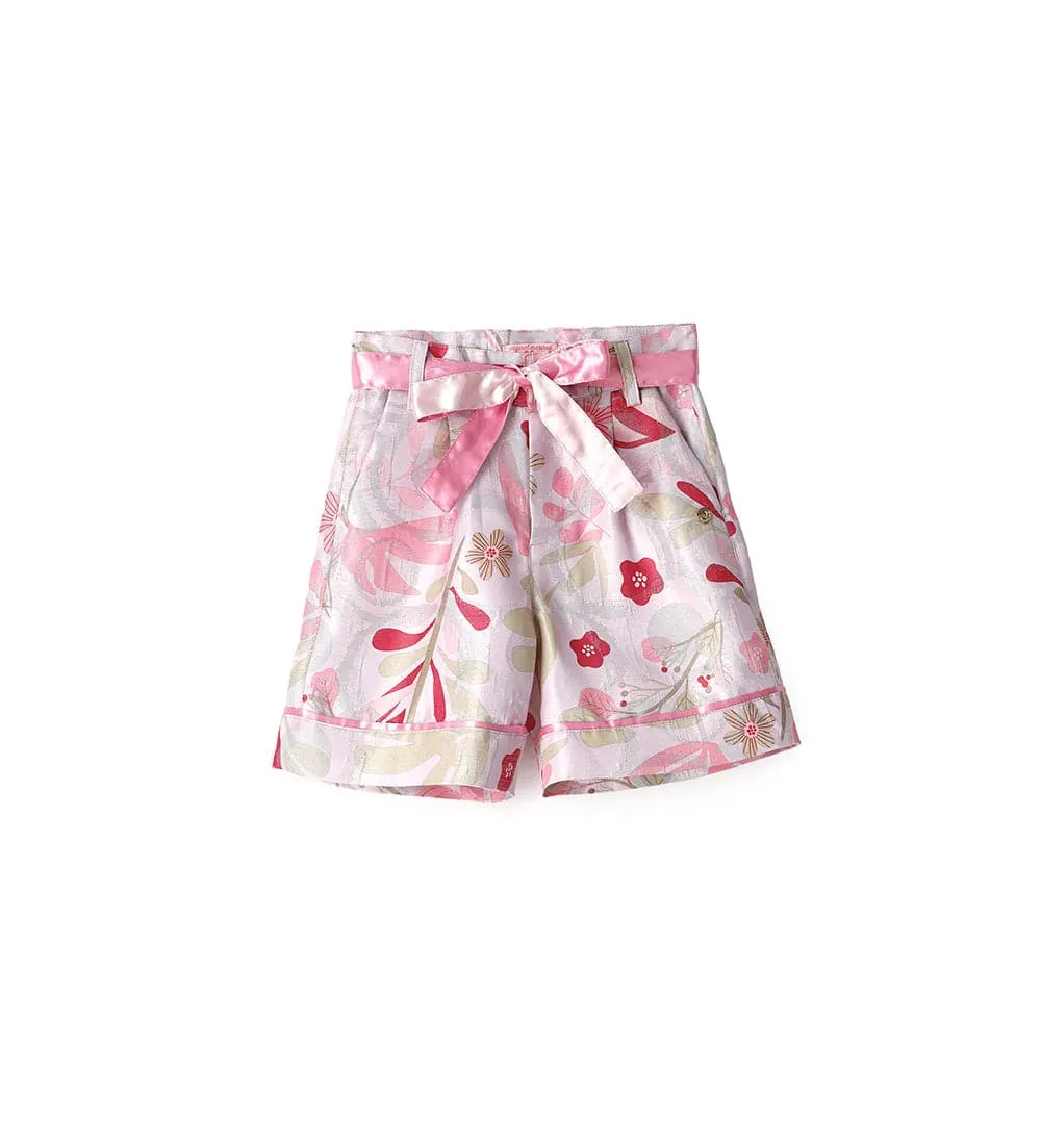 SHIMMERY FLORAL DAMASCATED BERMUDA SHORTS WITH SATIN RIBBON