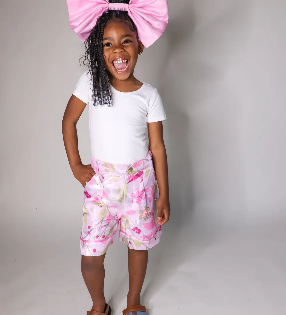 SHIMMERY FLORAL DAMASCATED BERMUDA SHORTS WITH SATIN RIBBON