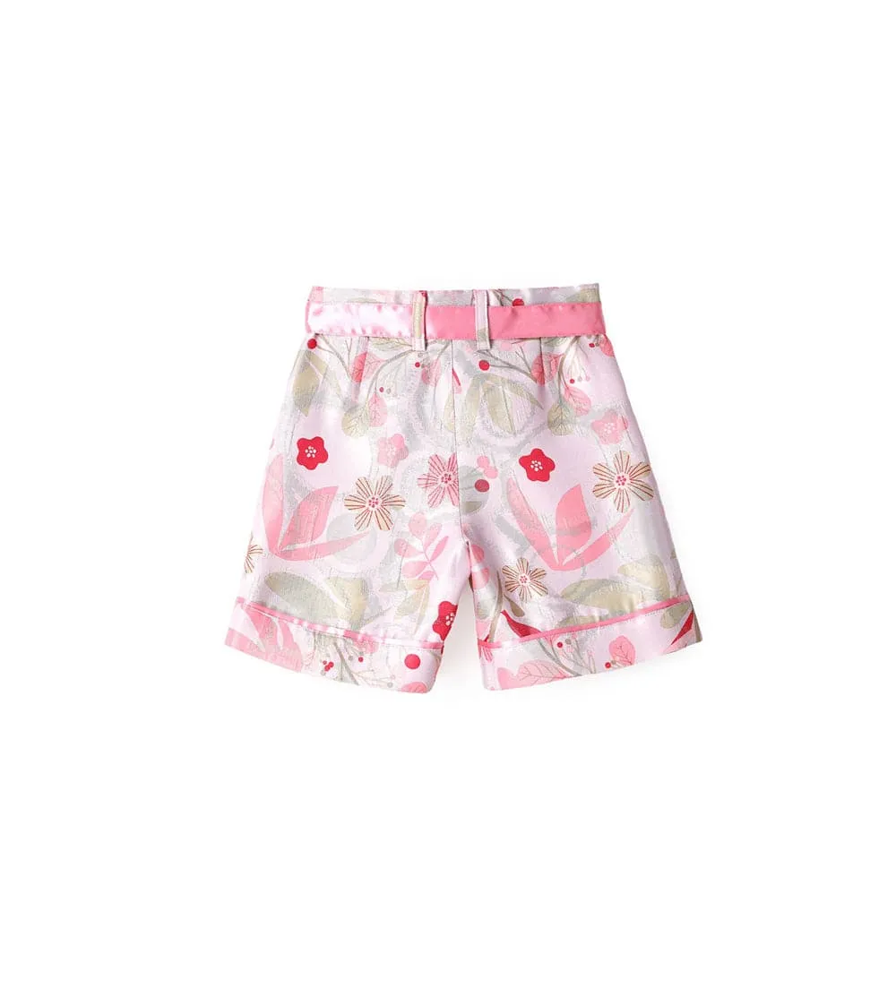 SHIMMERY FLORAL DAMASCATED BERMUDA SHORTS WITH SATIN RIBBON