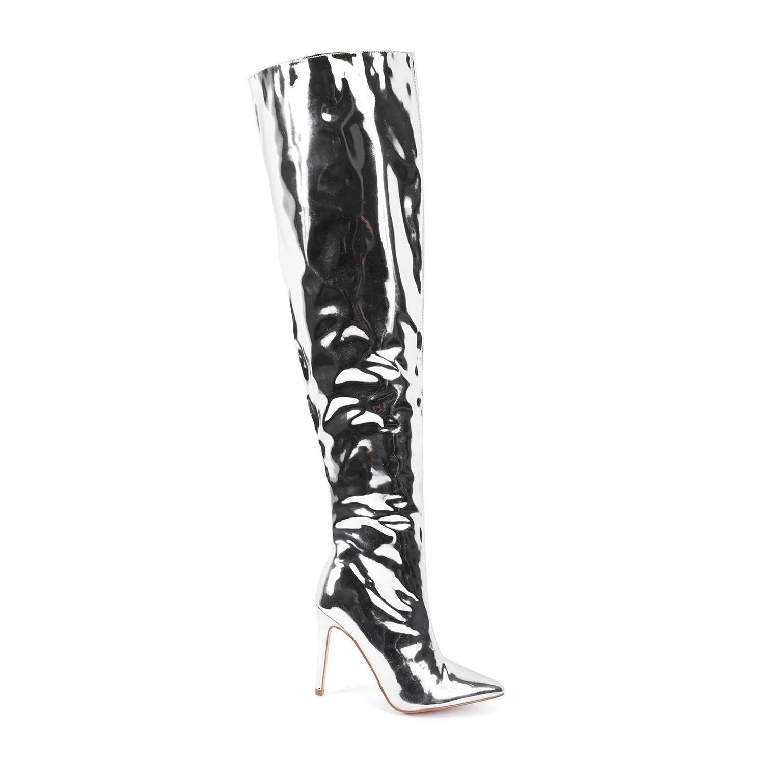 Silver Metallic Pointed Toe Stiletto Thigh High Boots