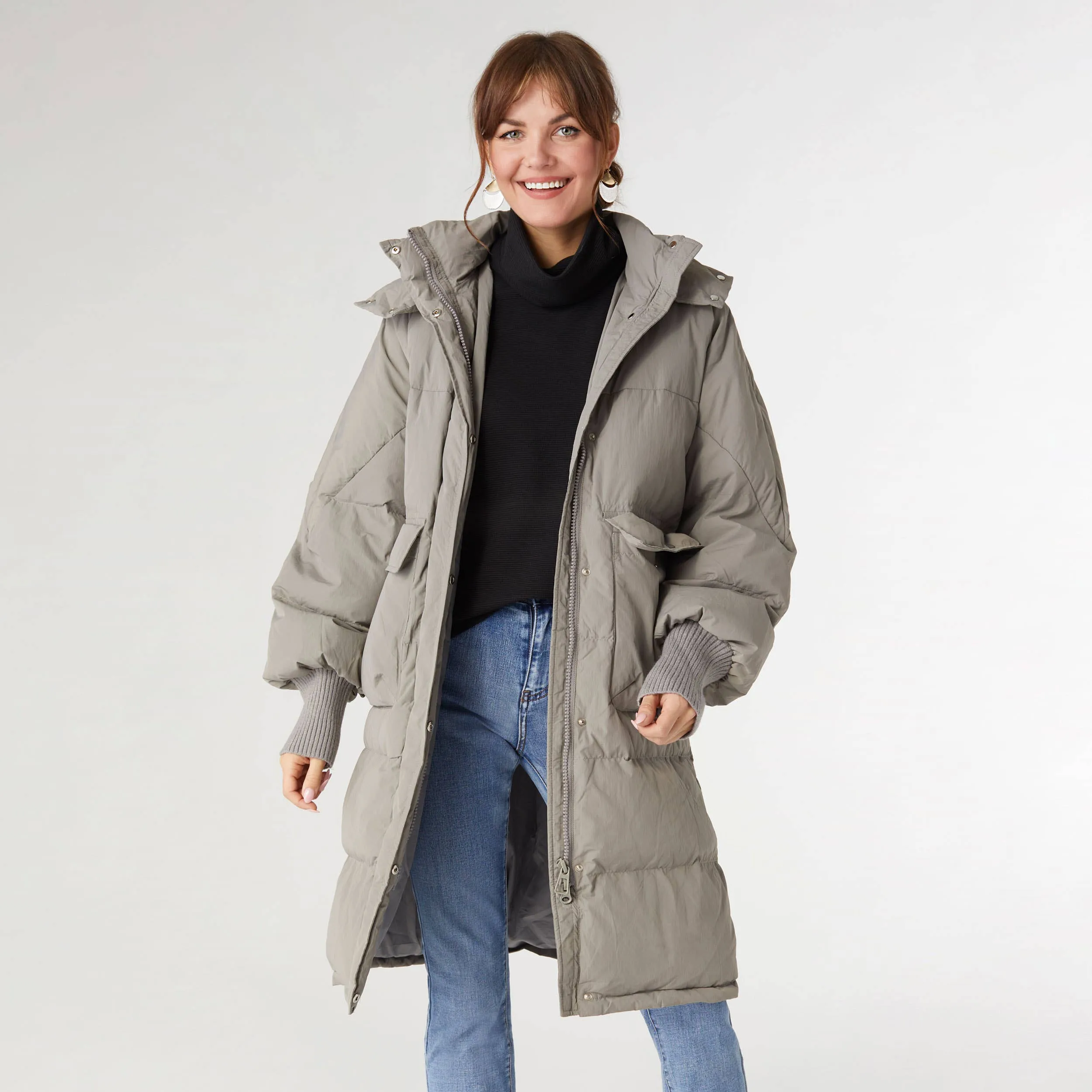 Silver Sage Vale Relaxed Down Puffer Jacket with Hood