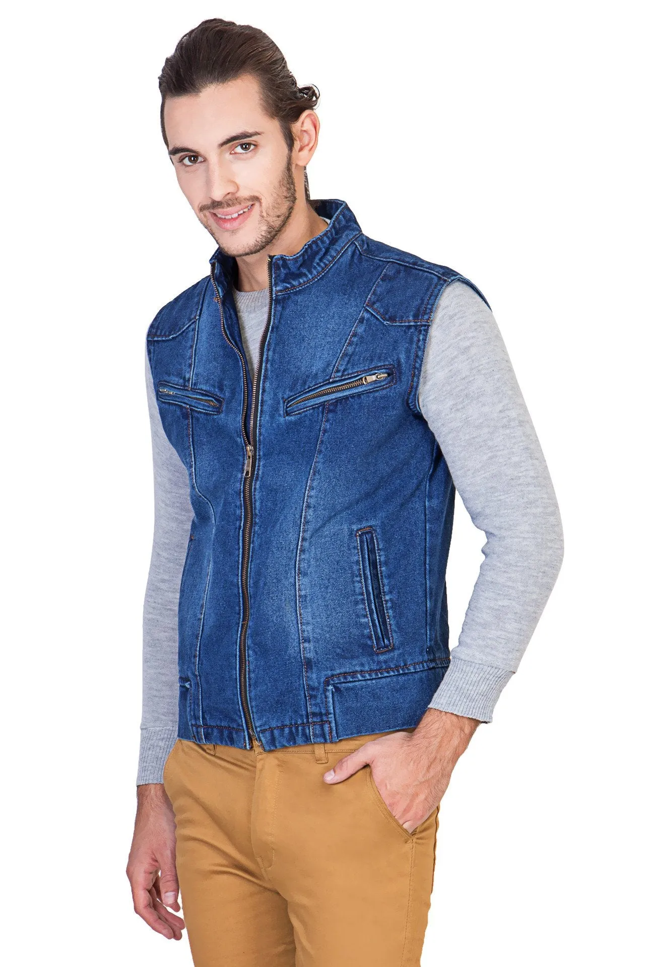 Sleeveless Light Blue Men's Denim Jacket with Zipper