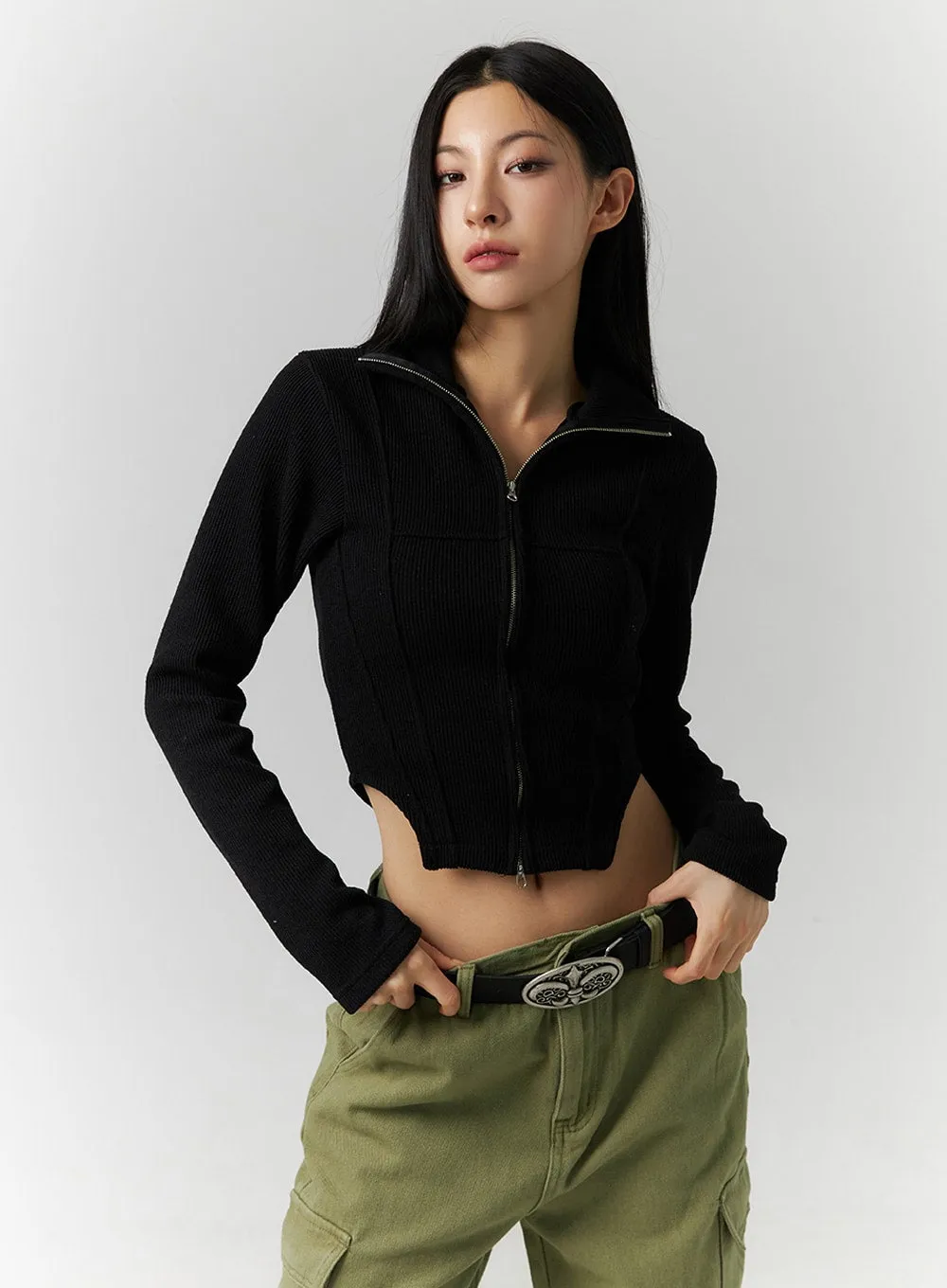 Slim Fit Zip Up Knit Top ID306