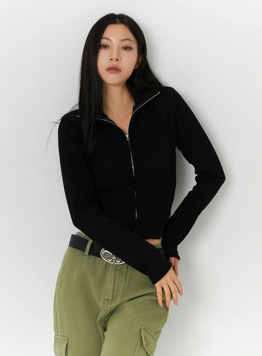 Slim Fit Zip Up Knit Top ID306