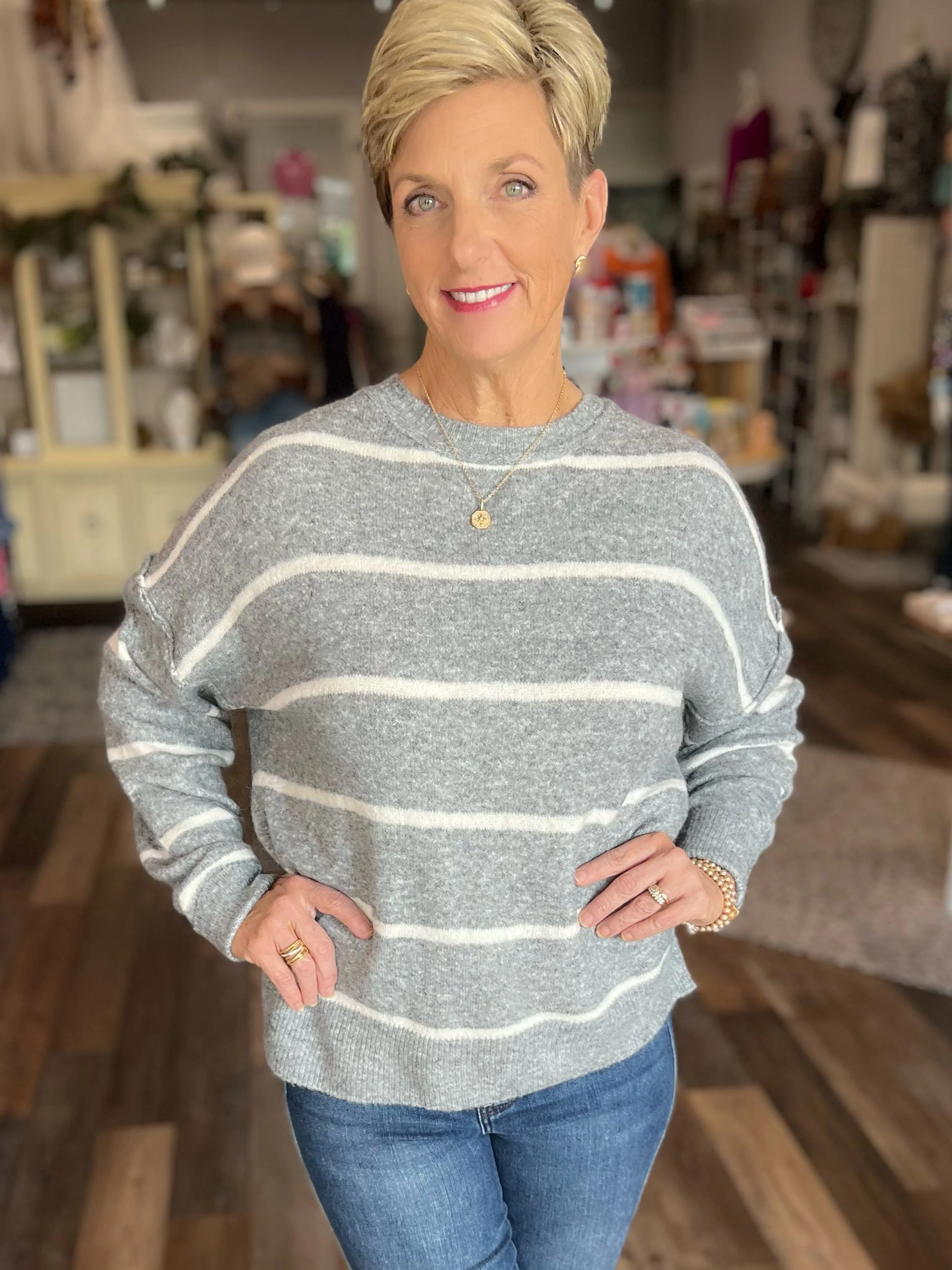 Striped Pullover Sweater in Grey and Cream