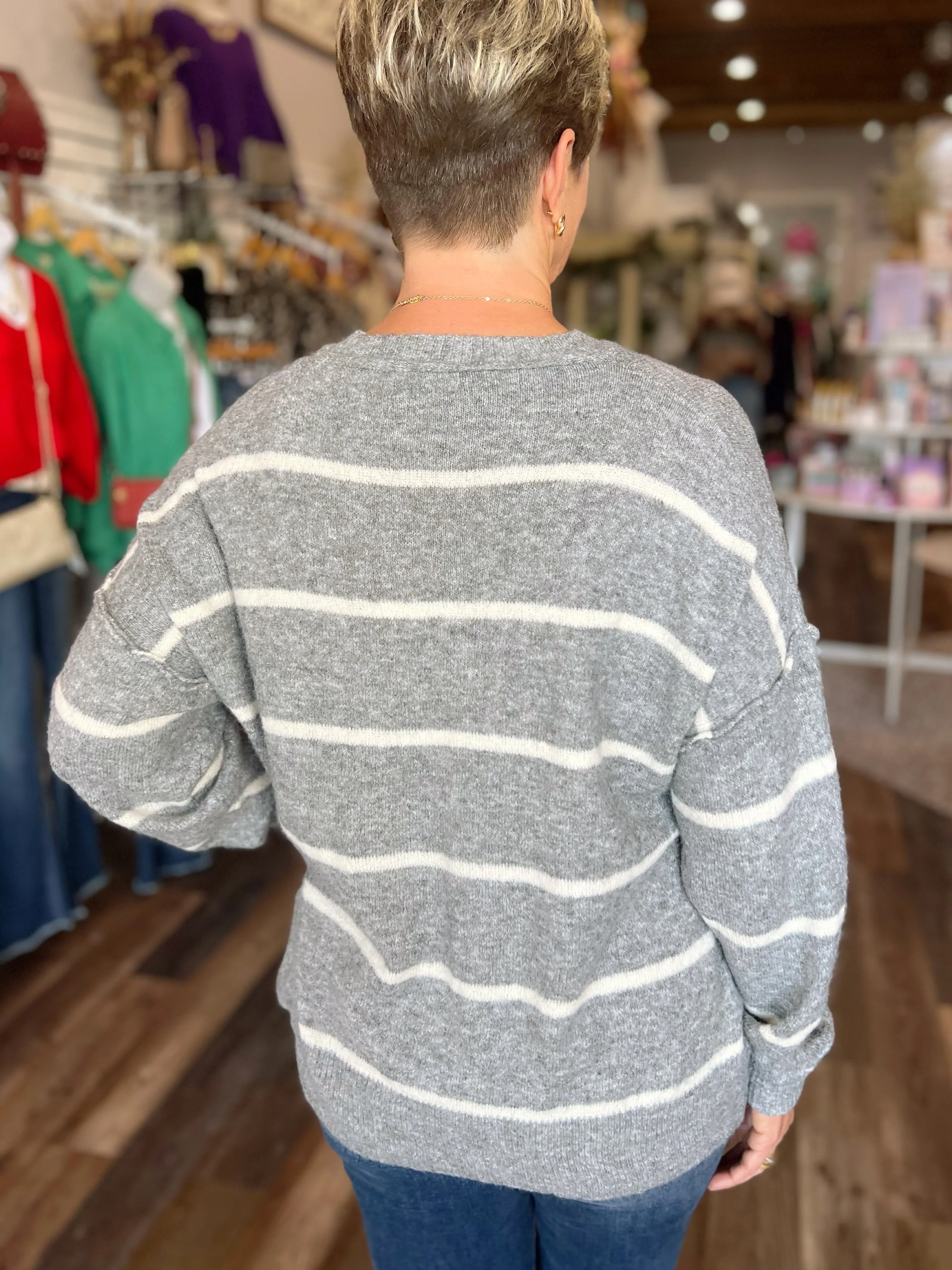 Striped Pullover Sweater in Grey and Cream