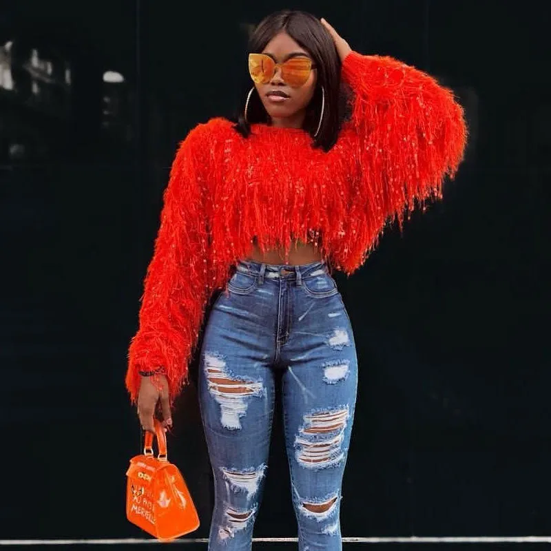 Stylish Crochet Knit Faux Fur Fringe Long Sleeve Cropped Sweater - Red