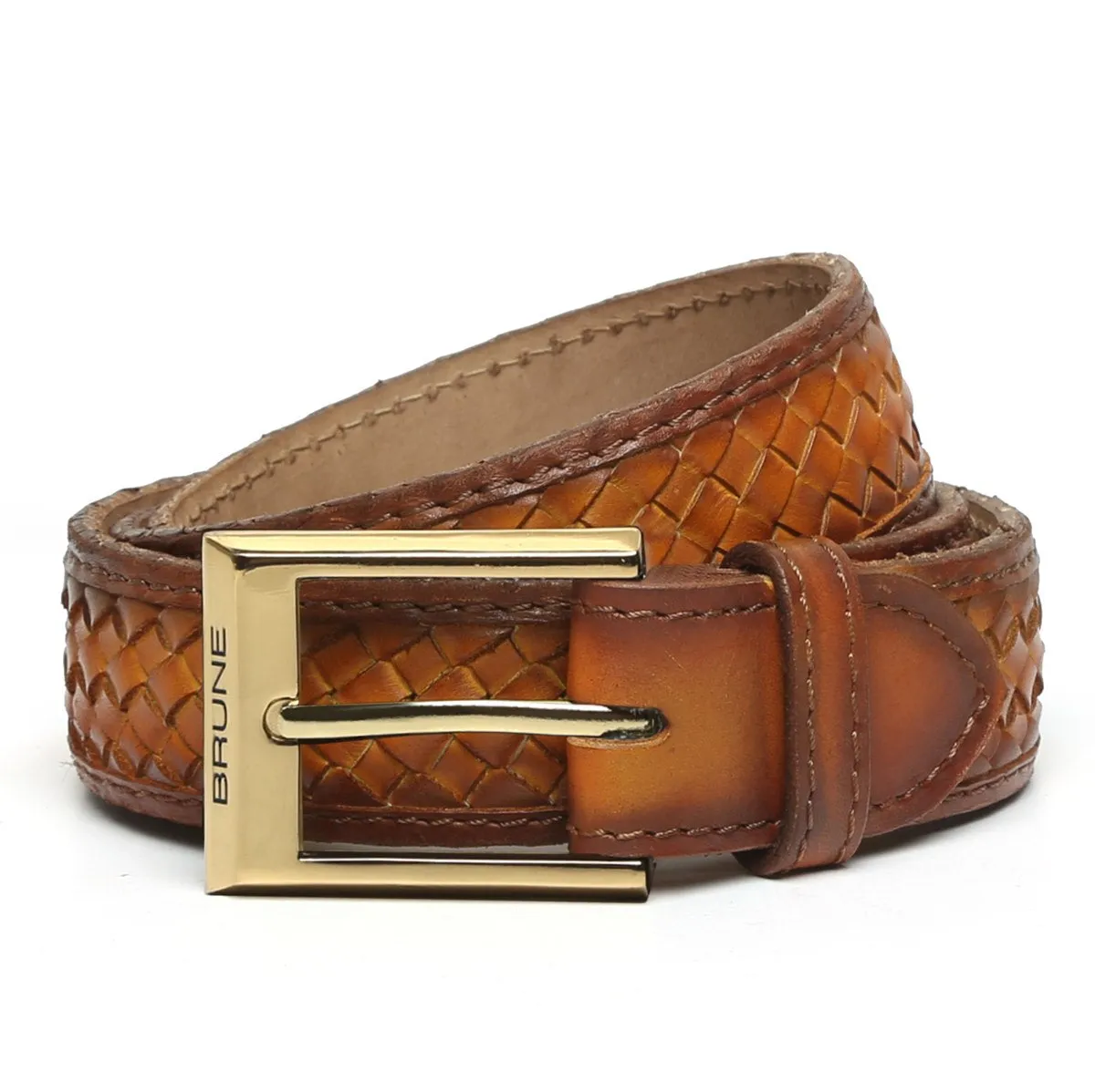 Tan Belt Full Hand Weaved Shiny Golden Buckle Leather