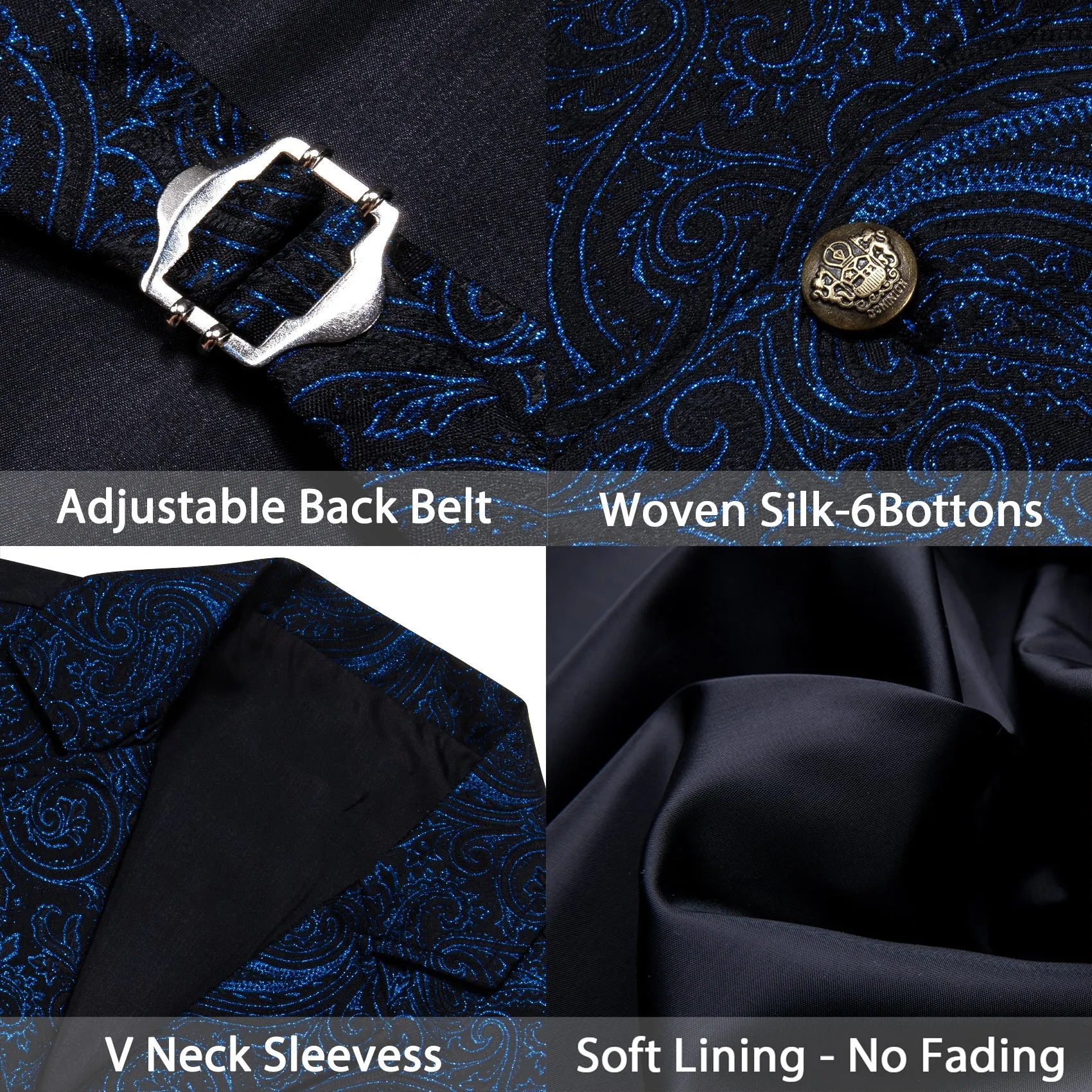 Ties2you Button Down Vest Black Royal Blue Paisley Jacquard Men's Collar Victorian Suit Vest