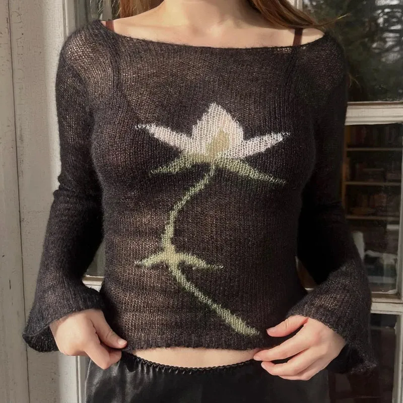 Vevesc Flower Long Sleeve Knitted Crop Tops Aesthetic See Through Sweater Tees 90s Vintage Y2k Gyaru Crop Tops Jumpers Cottage Clothes