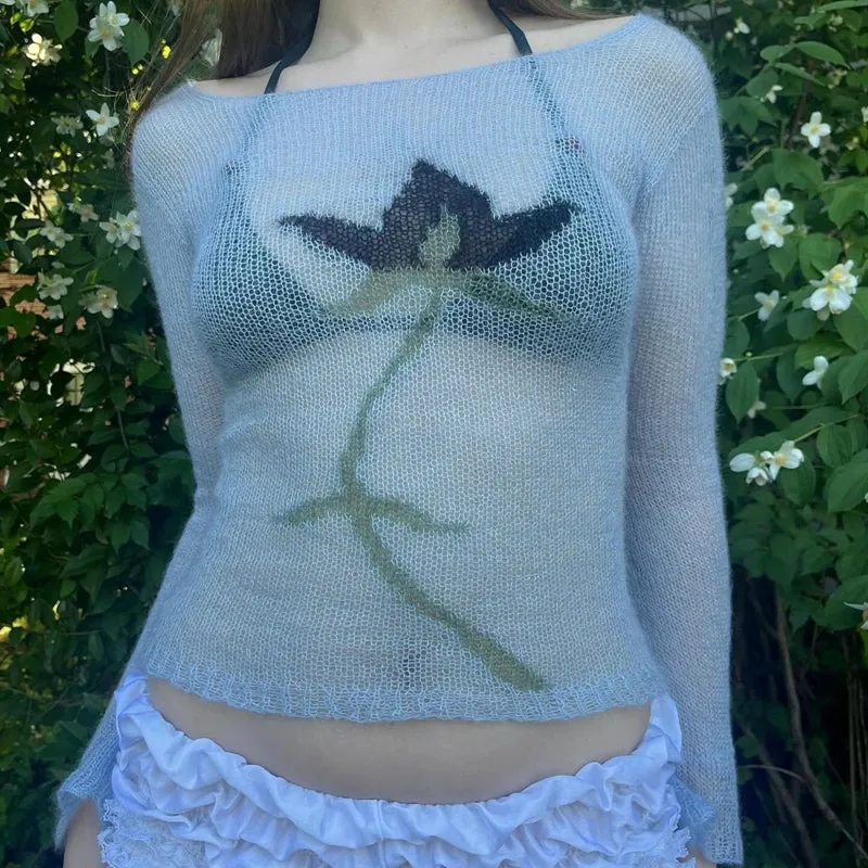 Vevesc Flower Long Sleeve Knitted Crop Tops Aesthetic See Through Sweater Tees 90s Vintage Y2k Gyaru Crop Tops Jumpers Cottage Clothes