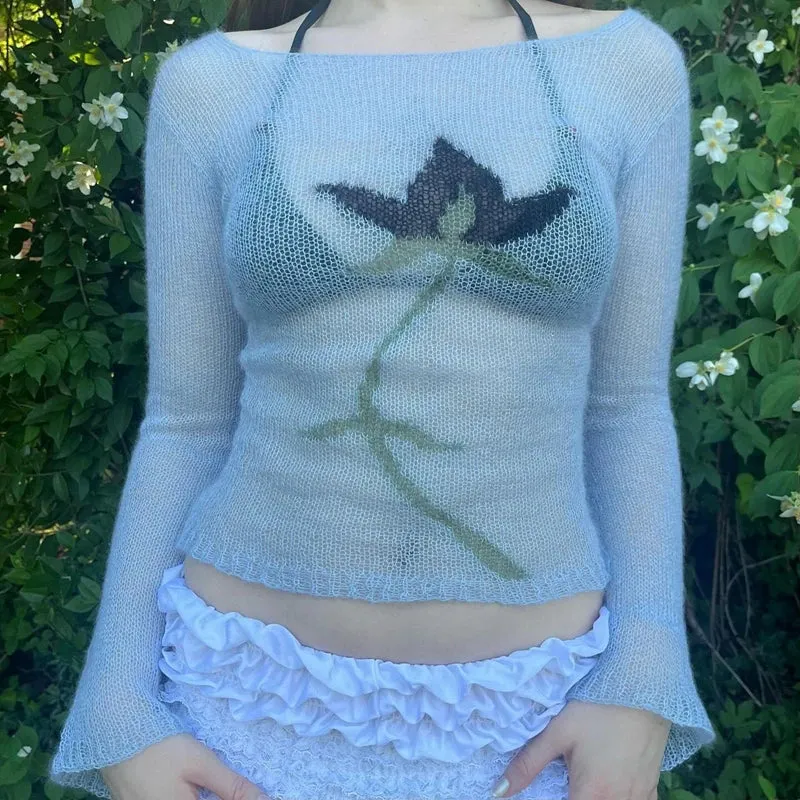 Vevesc Flower Long Sleeve Knitted Crop Tops Aesthetic See Through Sweater Tees 90s Vintage Y2k Gyaru Crop Tops Jumpers Cottage Clothes