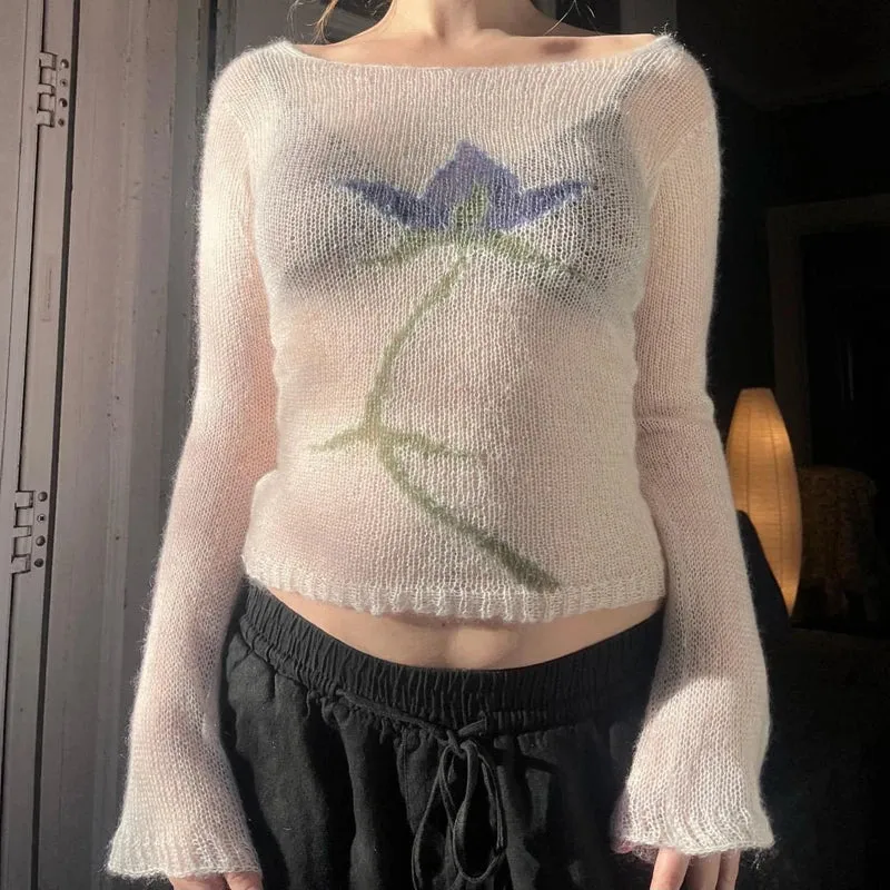 Vevesc Flower Long Sleeve Knitted Crop Tops Aesthetic See Through Sweater Tees 90s Vintage Y2k Gyaru Crop Tops Jumpers Cottage Clothes