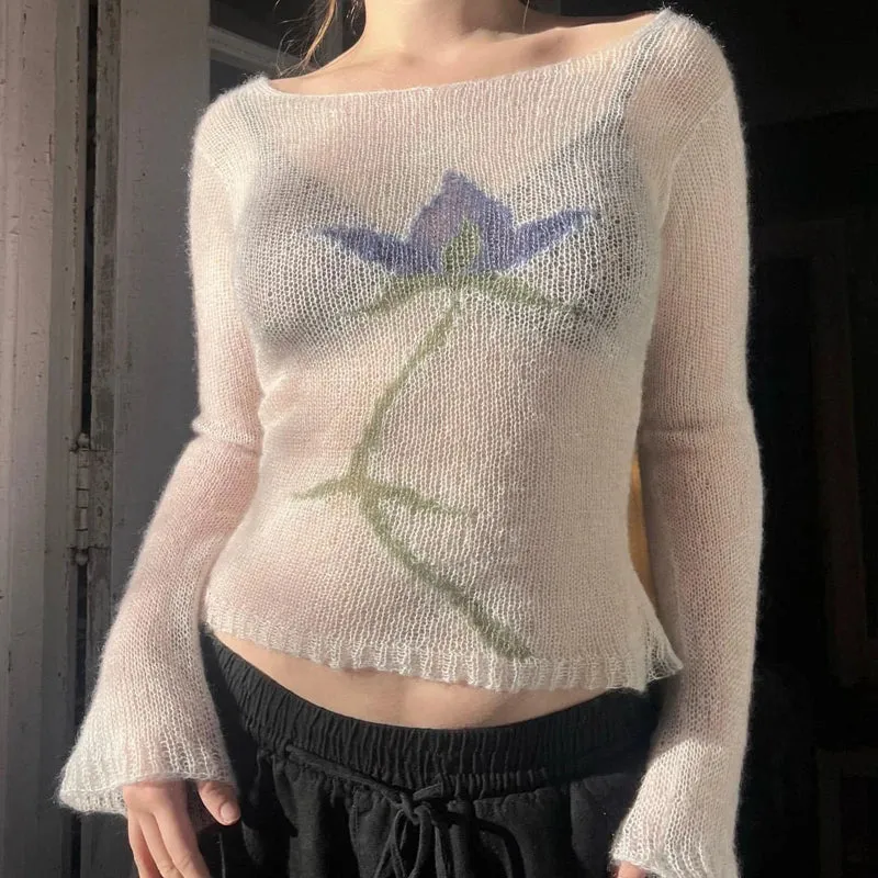 Vevesc Flower Long Sleeve Knitted Crop Tops Aesthetic See Through Sweater Tees 90s Vintage Y2k Gyaru Crop Tops Jumpers Cottage Clothes