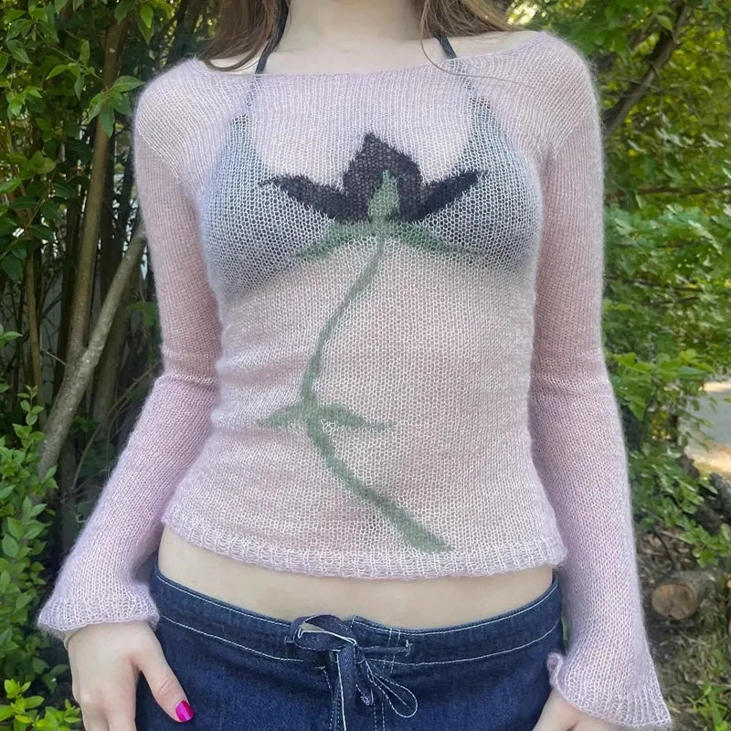 Vevesc Flower Long Sleeve Knitted Crop Tops Aesthetic See Through Sweater Tees 90s Vintage Y2k Gyaru Crop Tops Jumpers Cottage Clothes