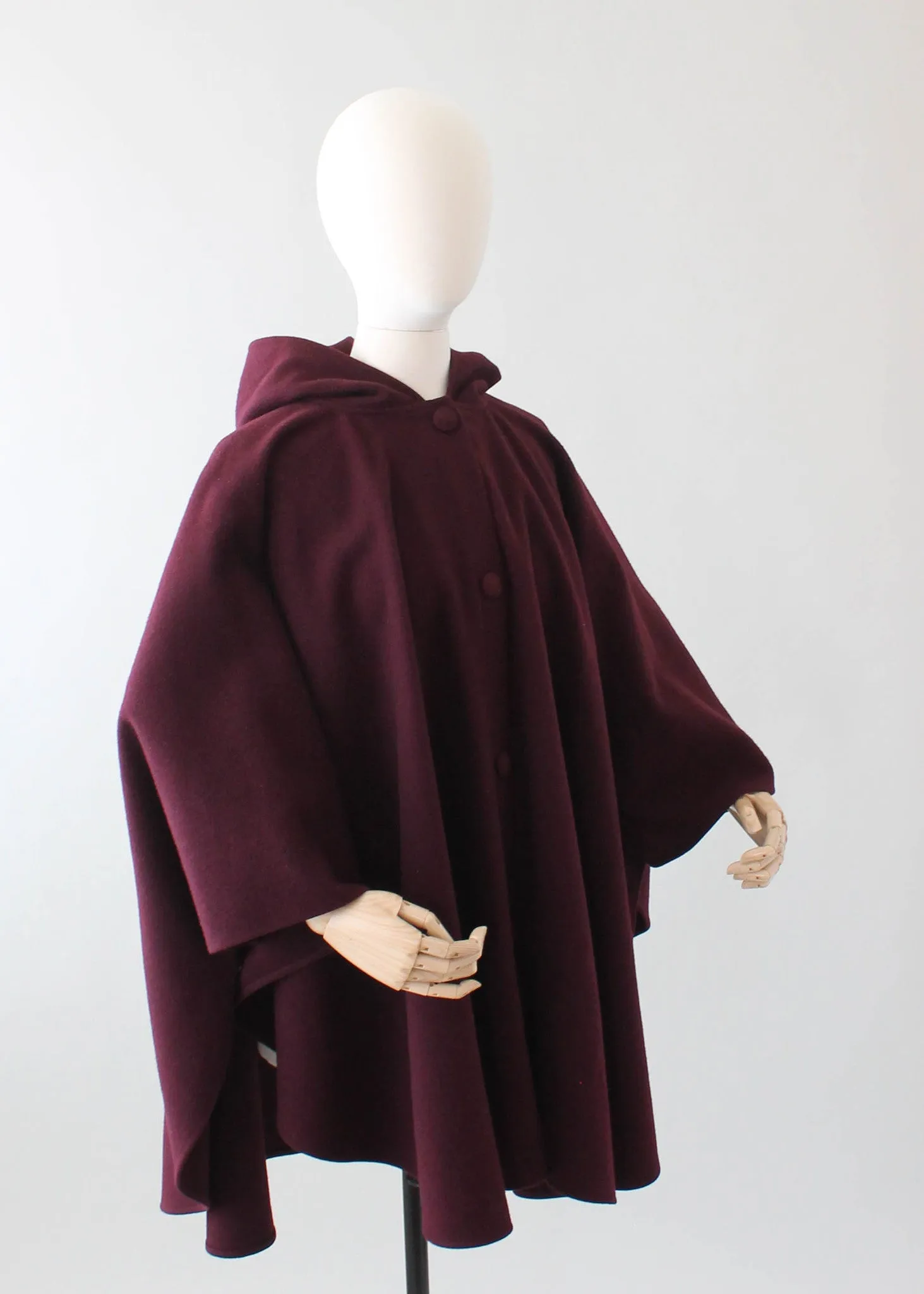 Vintage 1970s Plum Wool Hooded Poncho Cape