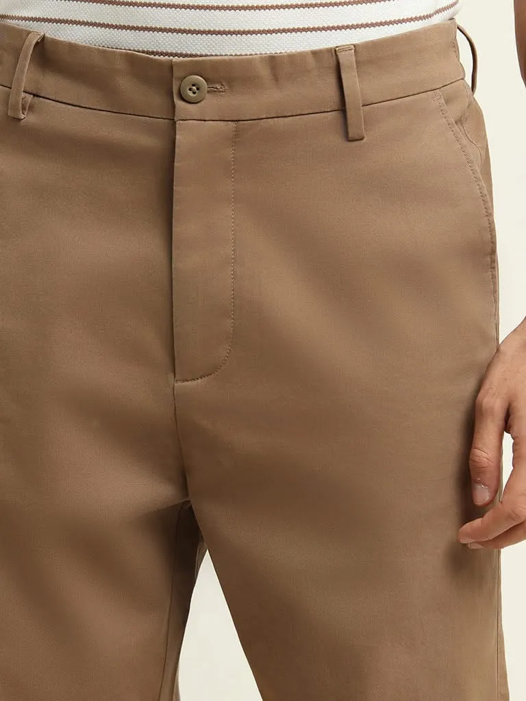 WES Casuals Brown Cotton Blend Relaxed Fit Chinos