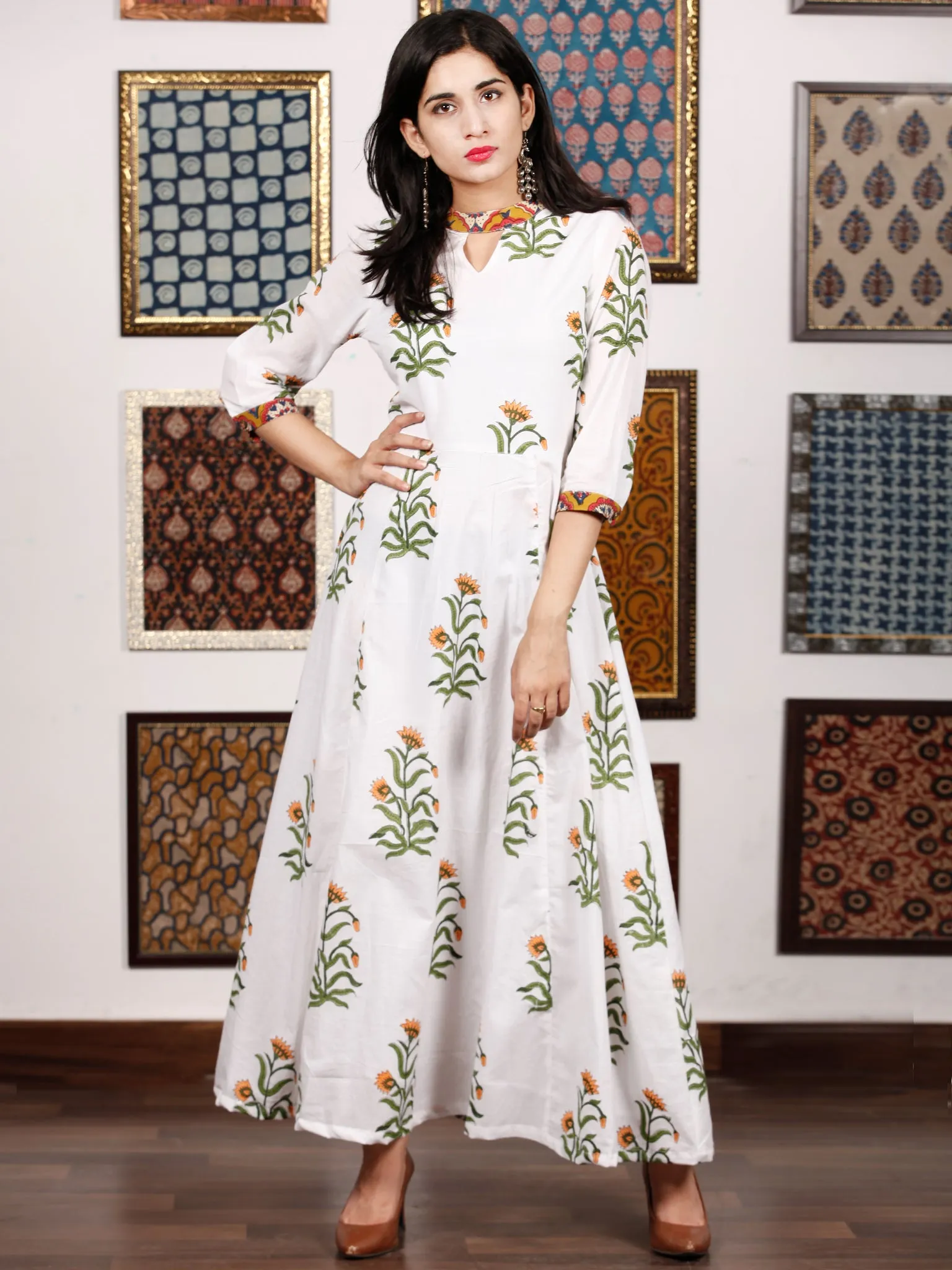 White Mustard Green Hand Block Printed Panel Cotton Long Dress - D282F1499