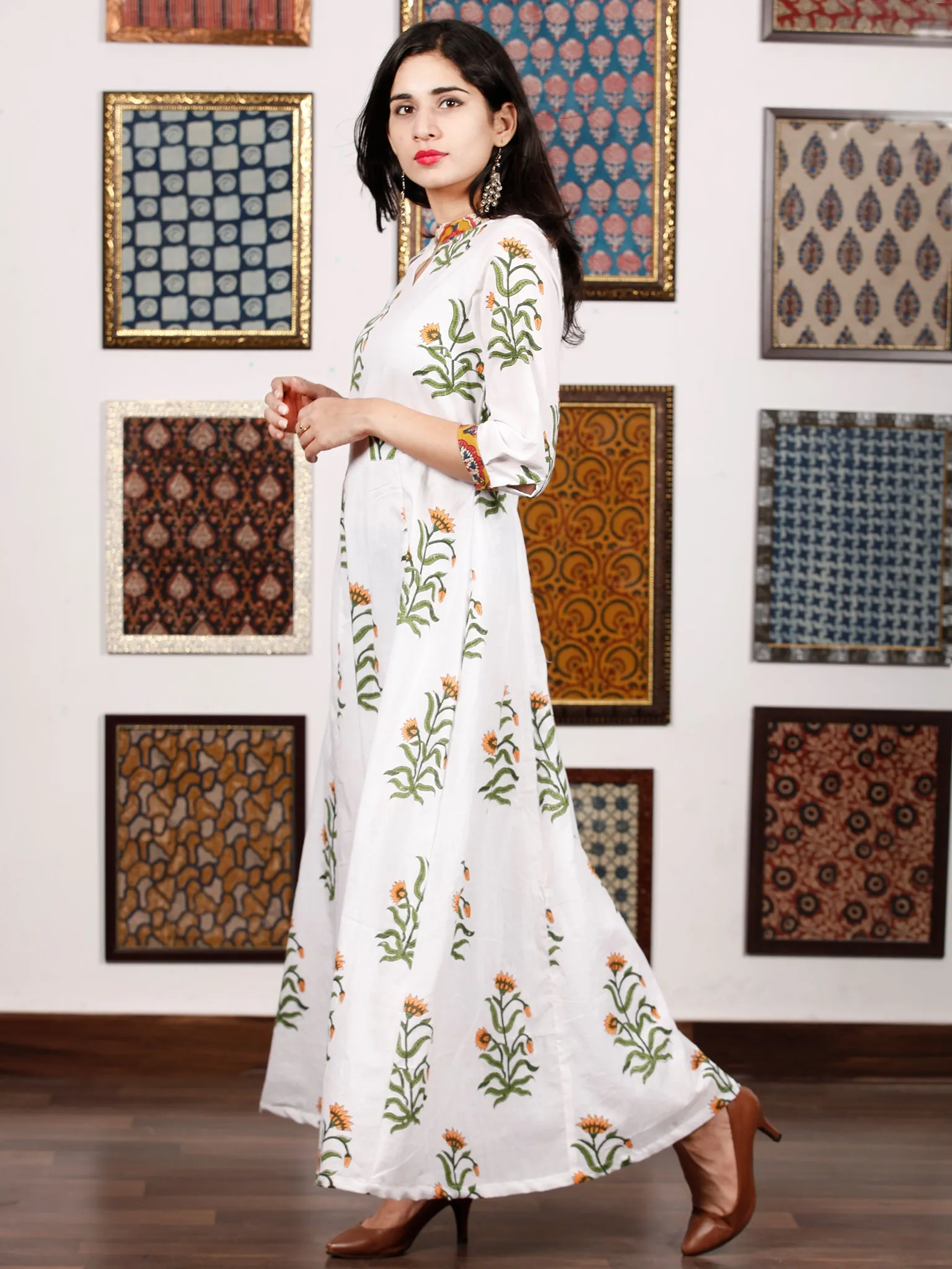 White Mustard Green Hand Block Printed Panel Cotton Long Dress - D282F1499