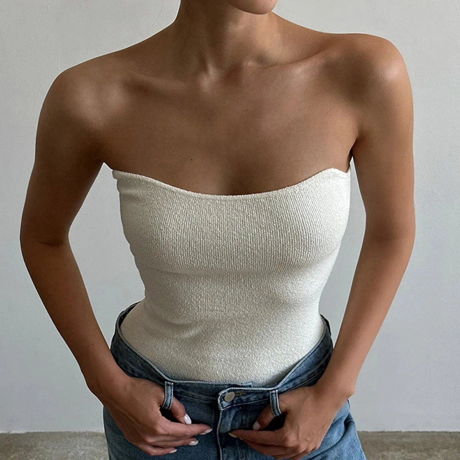 Women Summer Ribbed Fitted Bandeau Tops Off Shoulder Strapless Solid Color Tube Tank Y2k Top