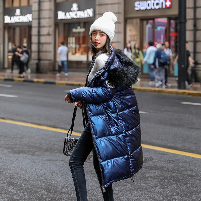 Women X-Long Plus Size Coat Parkas Female Winter Warm Thicke Hooded Fur Cotton Padded Coats Solid Casual Silver Down Jacket