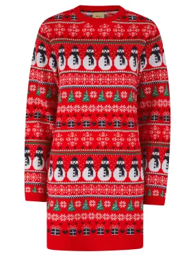 Women's Flakey Novelty Knitted Christmas Jumper Dress in Tokyo Red - Merry Christmas