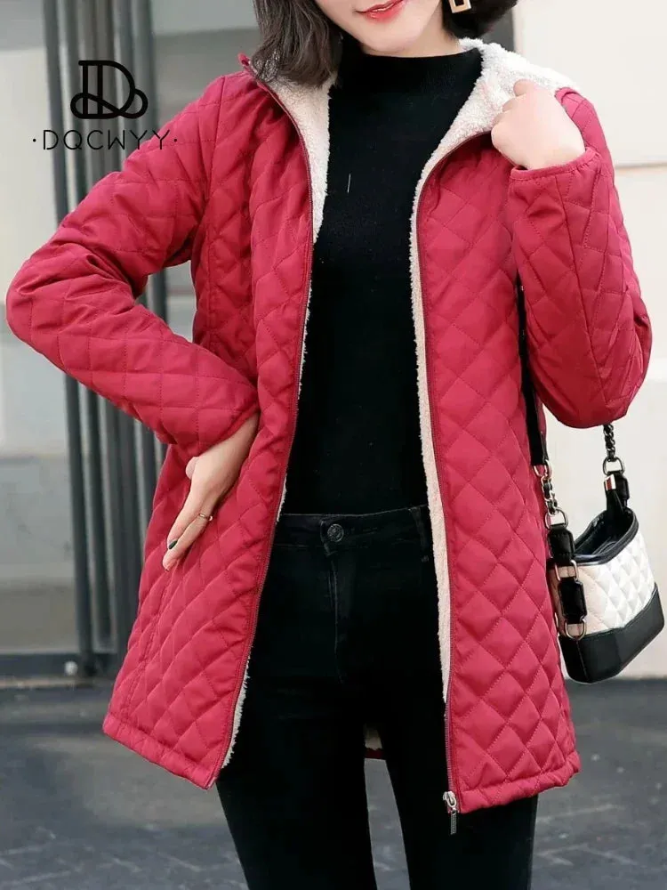 Women's Jacket Winter Hooded Warm Lamb Down Lining Parkets Mid Length Casual Jacket Cotton-padded Jacket Oversize Winter Coat