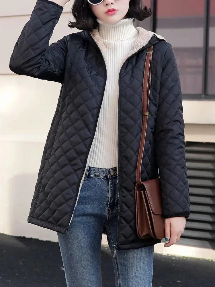 Women's Jacket Winter Hooded Warm Lamb Down Lining Parkets Mid Length Casual Jacket Cotton-padded Jacket Oversize Winter Coat