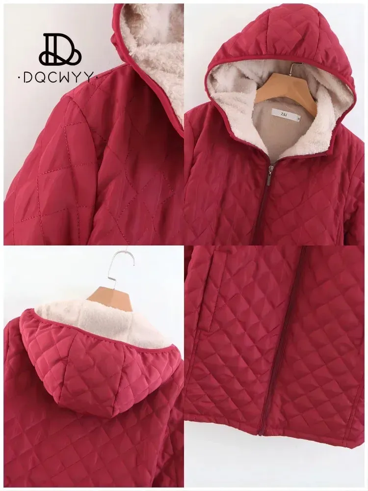 Women's Jacket Winter Hooded Warm Lamb Down Lining Parkets Mid Length Casual Jacket Cotton-padded Jacket Oversize Winter Coat