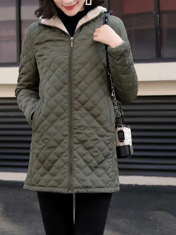 Women's Jacket Winter Hooded Warm Lamb Down Lining Parkets Mid Length Casual Jacket Cotton-padded Jacket Oversize Winter Coat