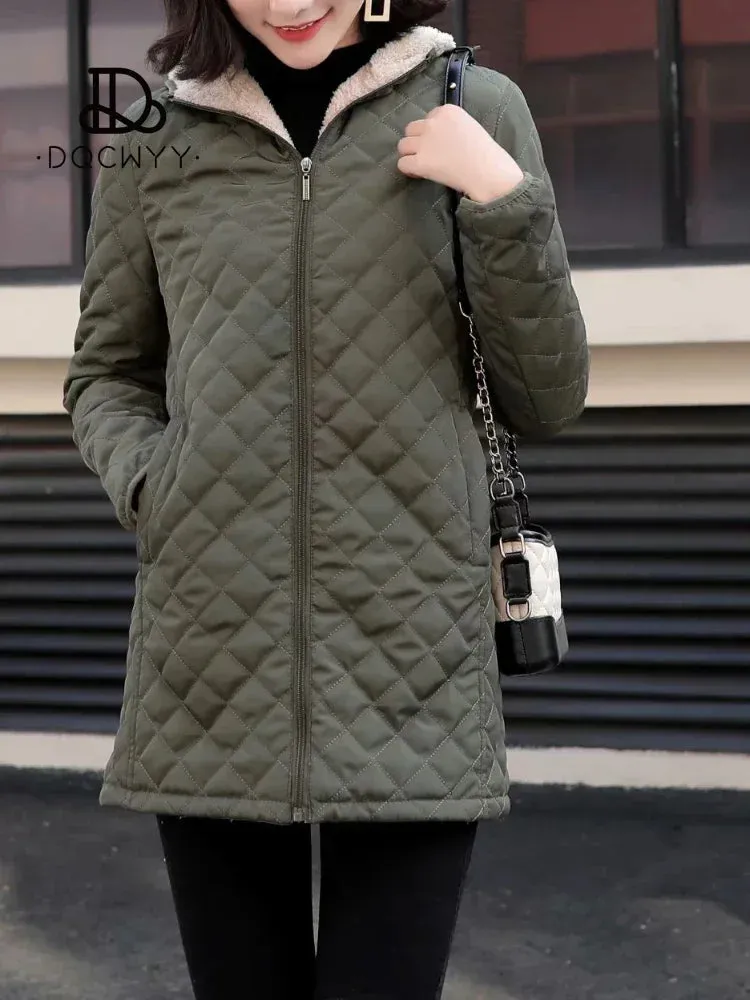 Women's Jacket Winter Hooded Warm Lamb Down Lining Parkets Mid Length Casual Jacket Cotton-padded Jacket Oversize Winter Coat