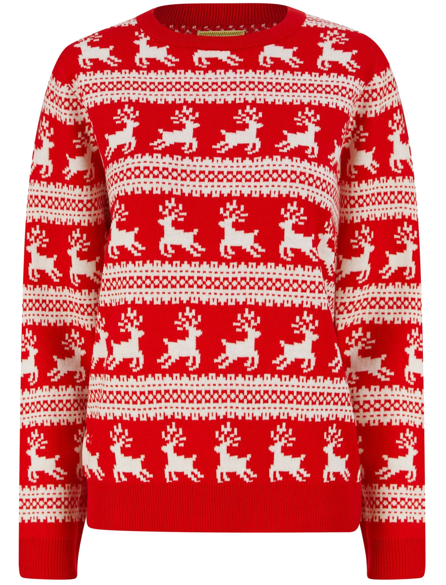 Women’s Leaping Reindeers Wallpaper Print Novelty Christmas Jumper in High Risk Red - Merry Christmas