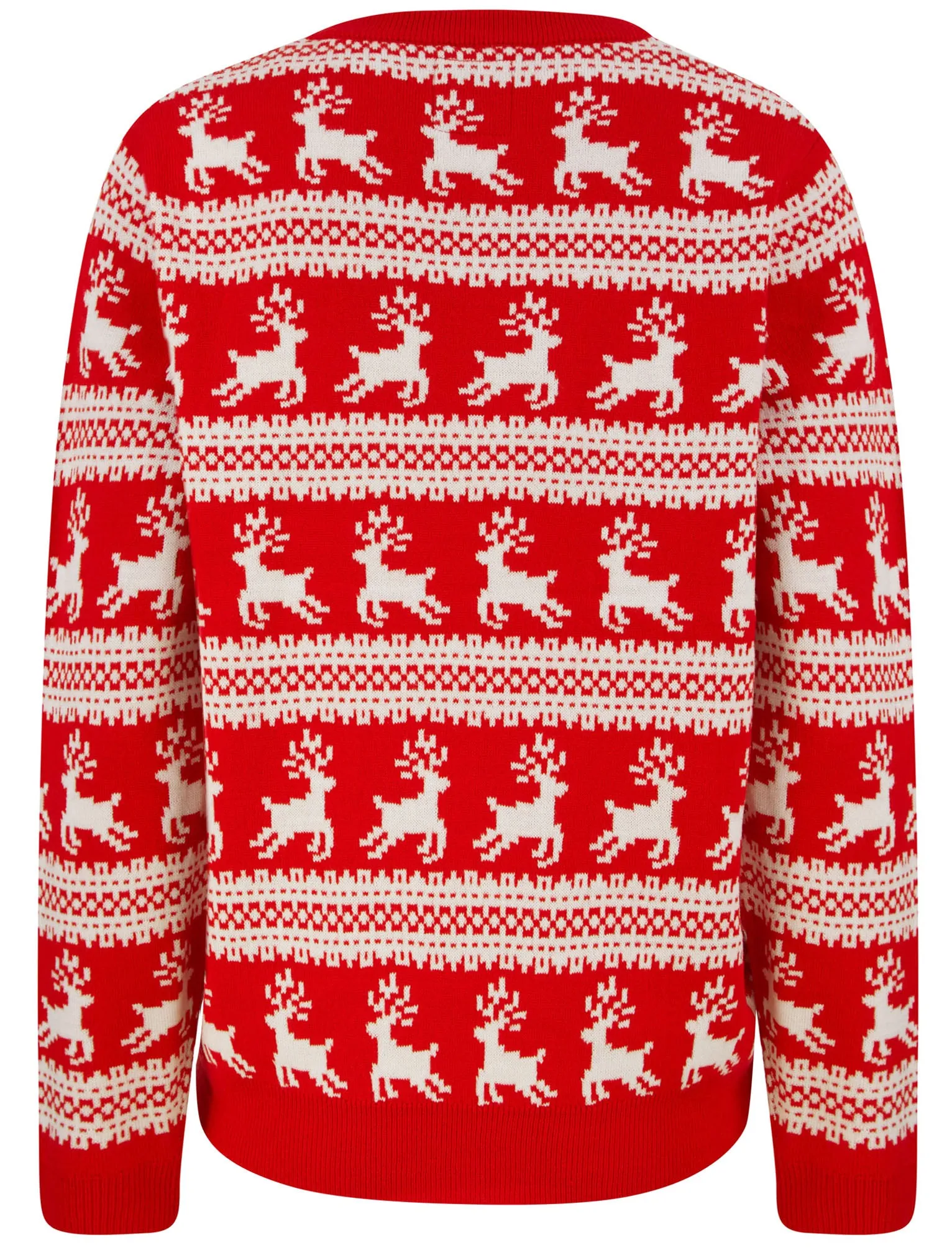 Women’s Leaping Reindeers Wallpaper Print Novelty Christmas Jumper in High Risk Red - Merry Christmas