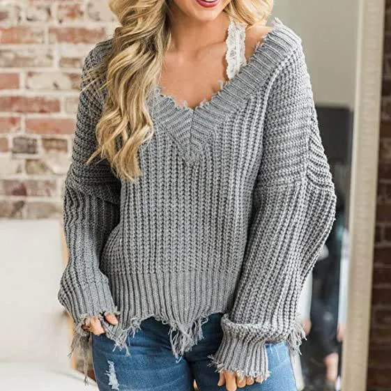 Women's Loose Knitted Sweater Long Sleeve V-Neck Ripped Pullover Sweaters Crop Top Knit Jumper