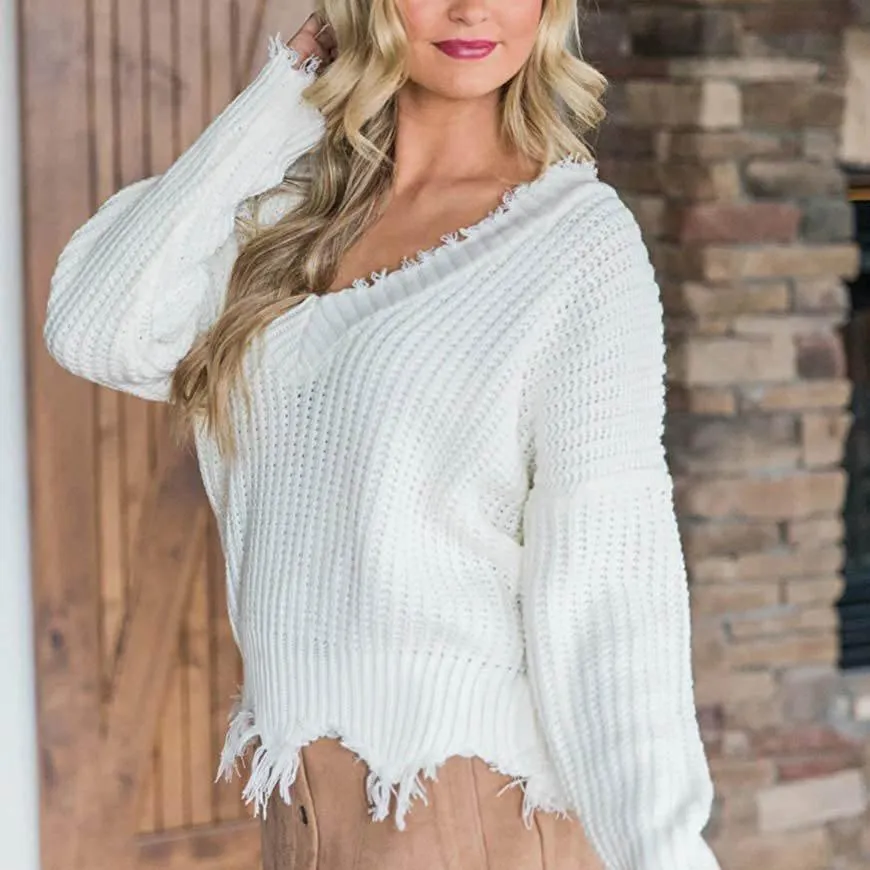 Women's Loose Knitted Sweater Long Sleeve V-Neck Ripped Pullover Sweaters Crop Top Knit Jumper