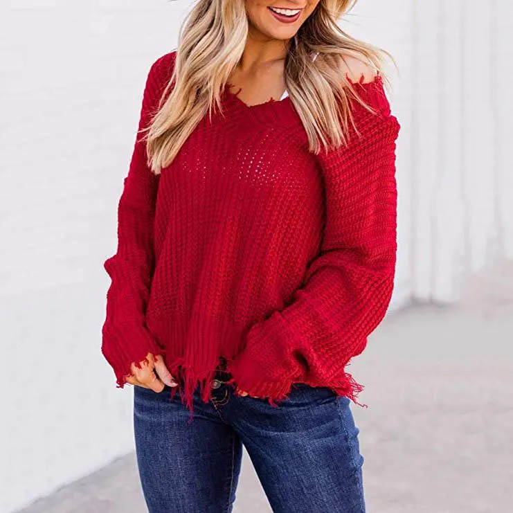 Women's Loose Knitted Sweater Long Sleeve V-Neck Ripped Pullover Sweaters Crop Top Knit Jumper