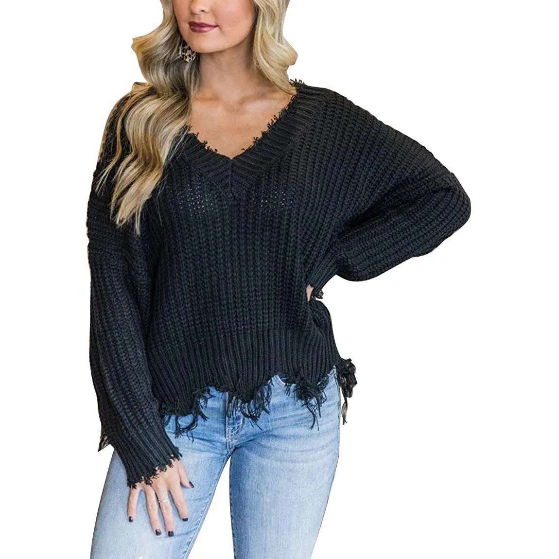 Women's Loose Knitted Sweater Long Sleeve V-Neck Ripped Pullover Sweaters Crop Top Knit Jumper