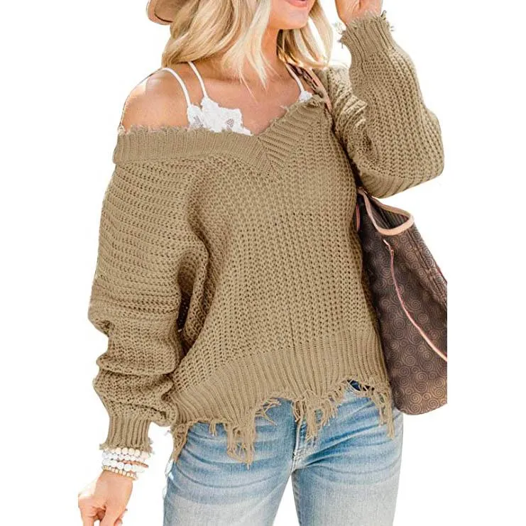 Women's Loose Knitted Sweater Long Sleeve V-Neck Ripped Pullover Sweaters Crop Top Knit Jumper