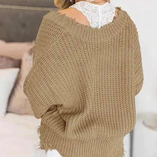 Women's Loose Knitted Sweater Long Sleeve V-Neck Ripped Pullover Sweaters Crop Top Knit Jumper