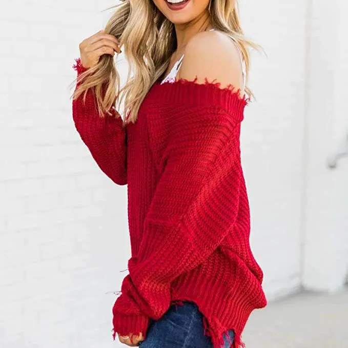 Women's Loose Knitted Sweater Long Sleeve V-Neck Ripped Pullover Sweaters Crop Top Knit Jumper