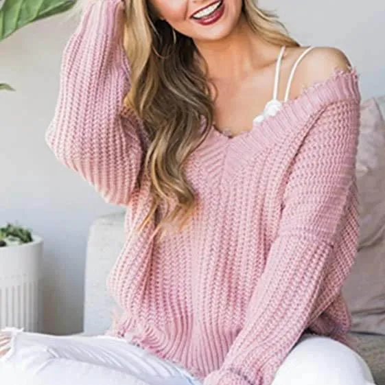 Women's Loose Knitted Sweater Long Sleeve V-Neck Ripped Pullover Sweaters Crop Top Knit Jumper