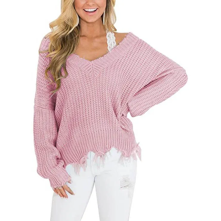 Women's Loose Knitted Sweater Long Sleeve V-Neck Ripped Pullover Sweaters Crop Top Knit Jumper