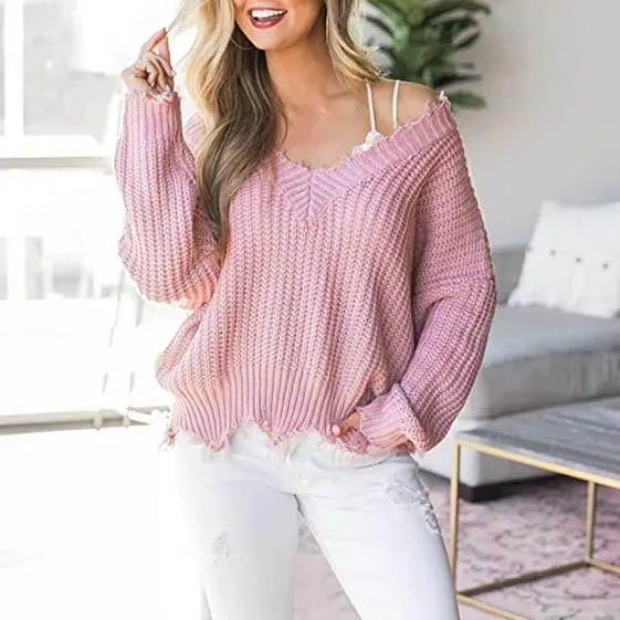 Women's Loose Knitted Sweater Long Sleeve V-Neck Ripped Pullover Sweaters Crop Top Knit Jumper