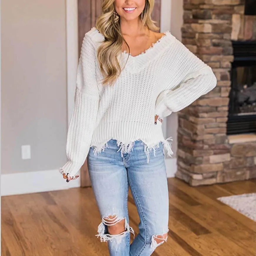 Women's Loose Knitted Sweater Long Sleeve V-Neck Ripped Pullover Sweaters Crop Top Knit Jumper