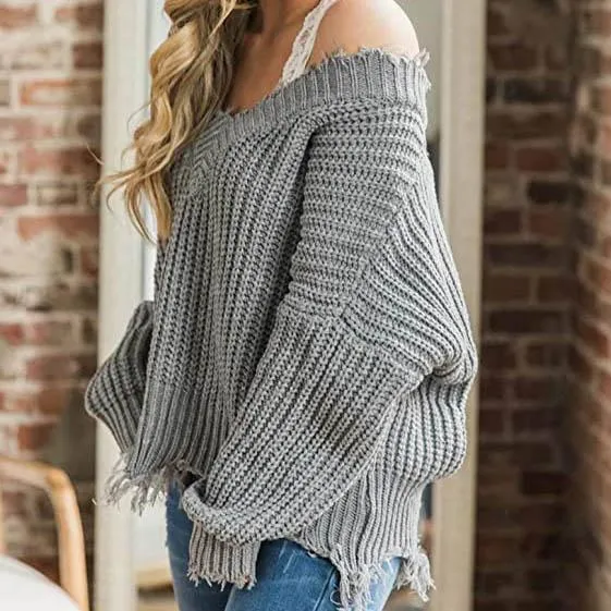 Women's Loose Knitted Sweater Long Sleeve V-Neck Ripped Pullover Sweaters Crop Top Knit Jumper