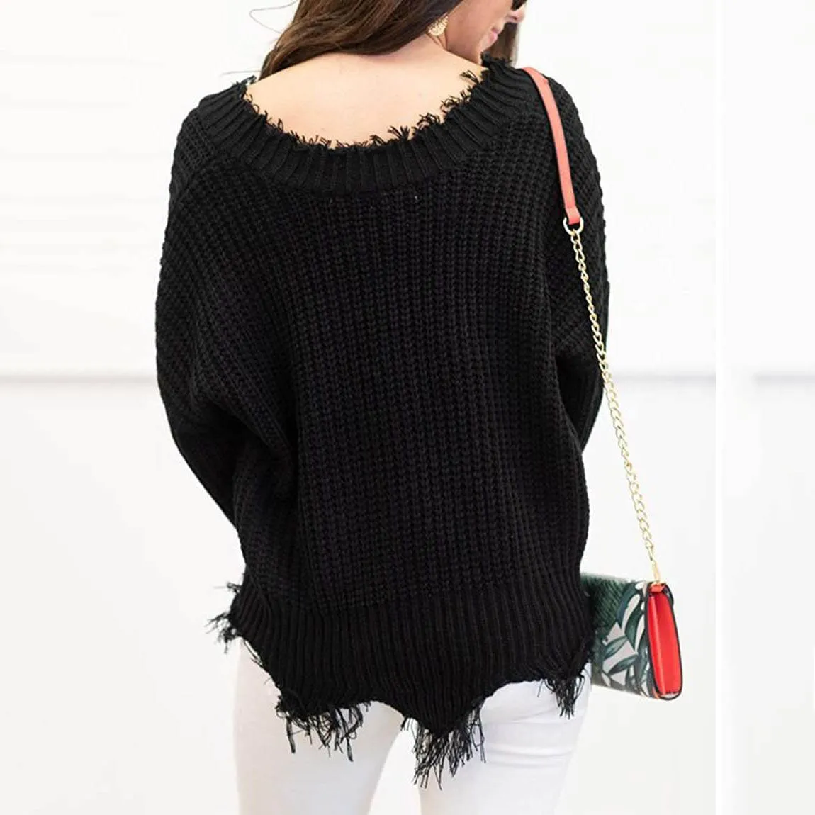 Women's Loose Knitted Sweater Long Sleeve V-Neck Ripped Pullover Sweaters Crop Top Knit Jumper