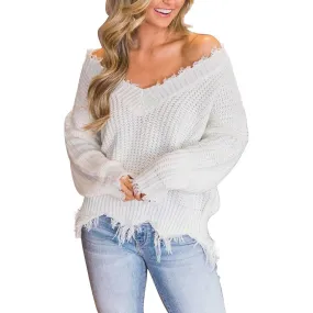 Women's Loose Knitted Sweater Long Sleeve V-Neck Ripped Pullover Sweaters Crop Top Knit Jumper